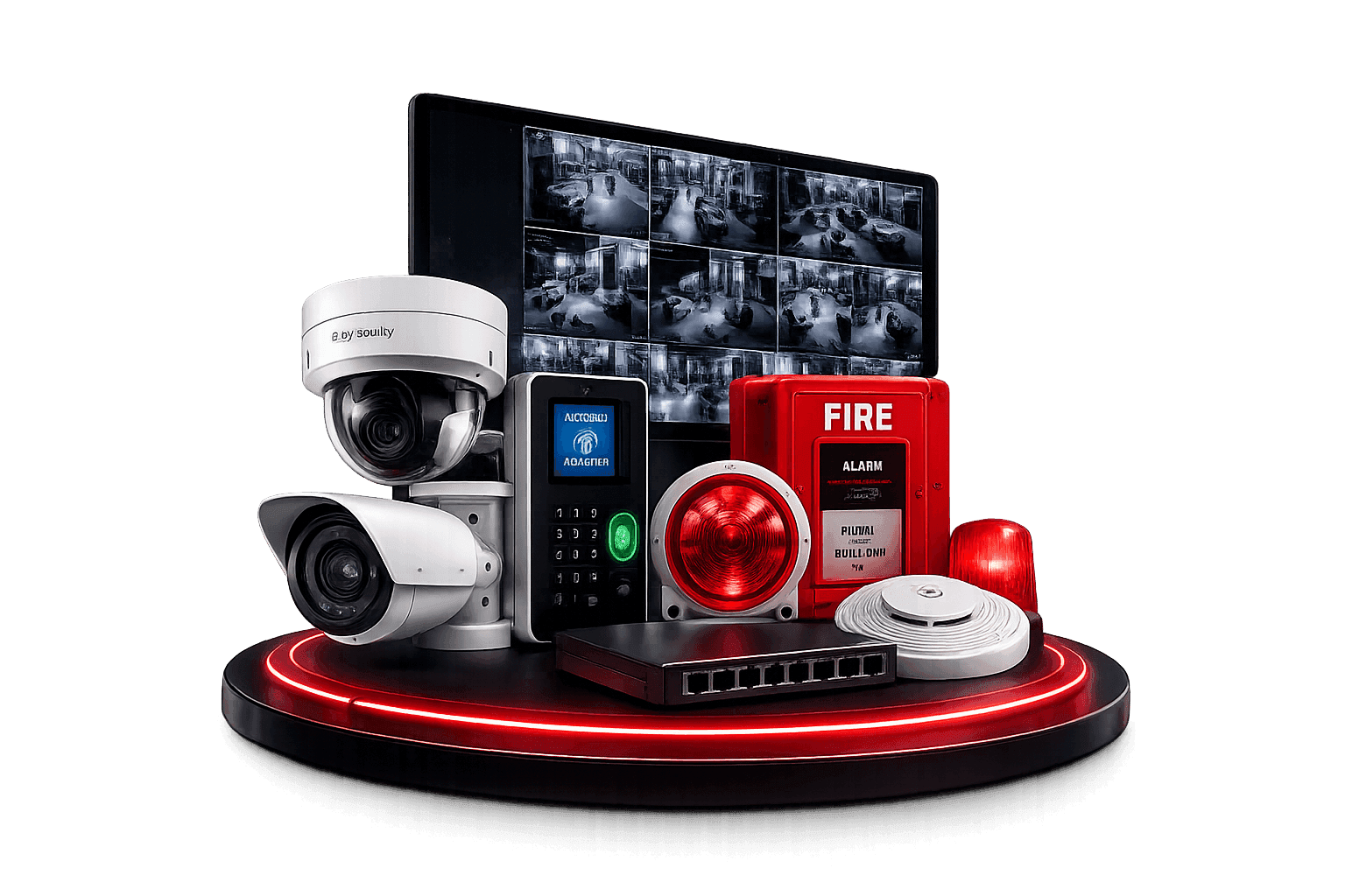 Sky Security System integrated ELV stack — HD & IP CCTV cameras, access control panel, fire alarm, network switch and detectors on a display podium